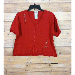 Vintage R&K Originals Cardigan Knit Sweater 14W Red Embroidered Bead Cottagecore
